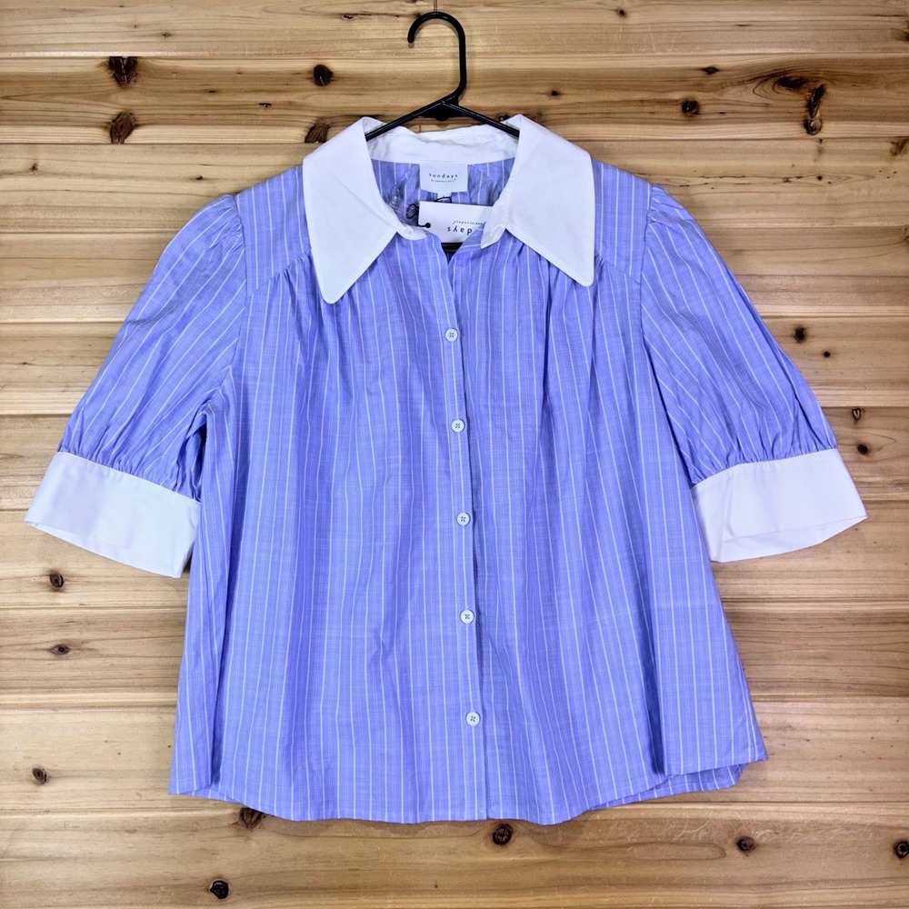 NEW Sundays Blouse Women Large Blue Klariza Porto Stripe Sailor Collar Button Up